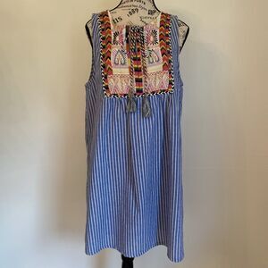 Anthropologie Entro Women’s Sz L Sleeveless Embroidered Aztec Blue White Dress